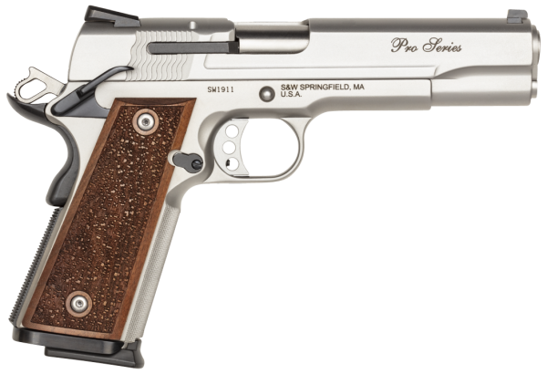 Smith & Wesson 178017 1911 Performance Center Pro  Full Size Frame 9mm Luger 10+1, 5″ Stainless Steel Barrel, Matte Silver Serrated Stainless Steel Slide & Frame w/Beavertail, Wood Grip