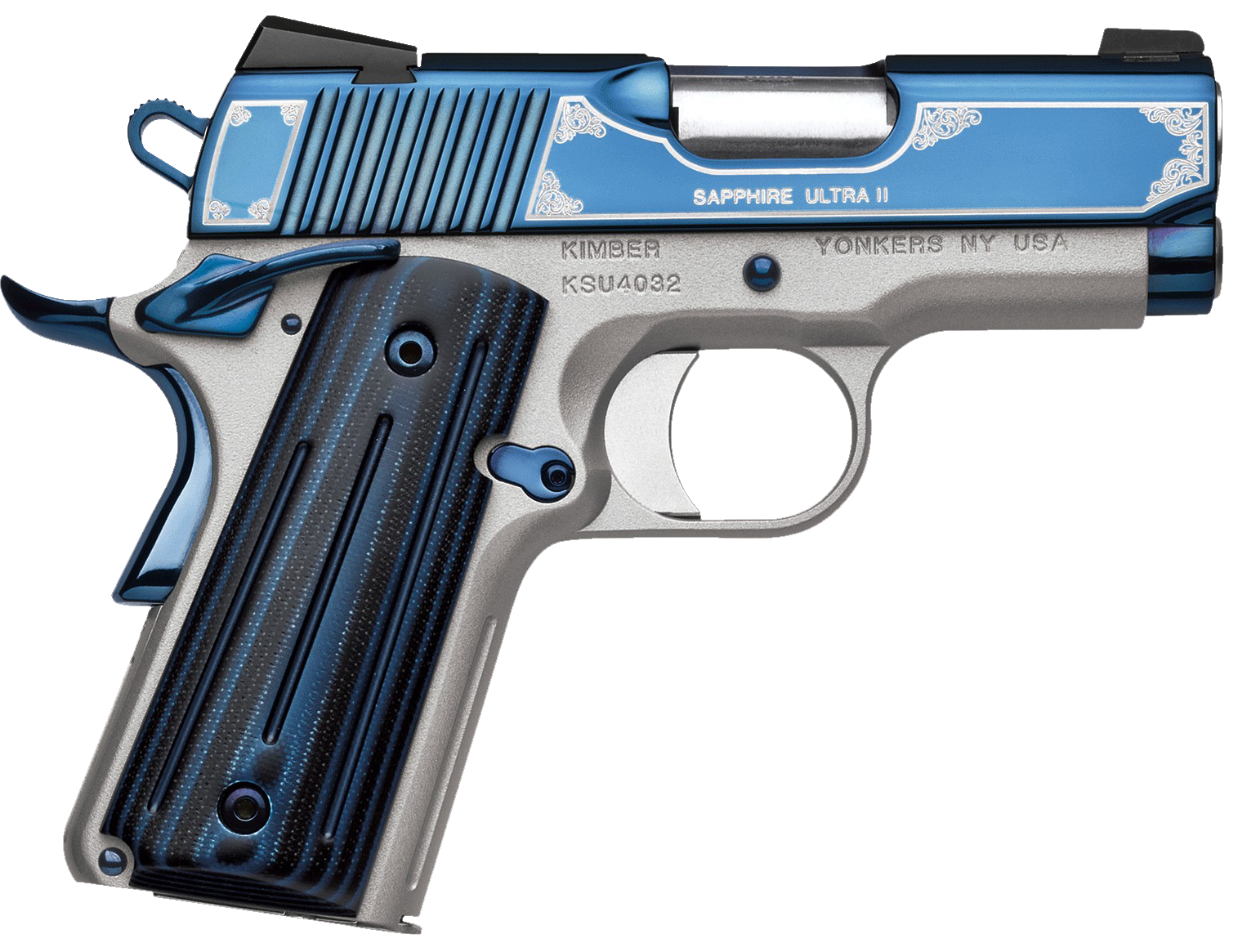 Kimber Mfg, Inc 3200273 Ultra II  9mm Luger 8+1 3″ Stainless Match Grade Barrel, Engraved Sapphire Blue PVD Serrated Stainless Steel Slide, Satin Silver Aluminum Frame w/Beavertail, G10 Grip