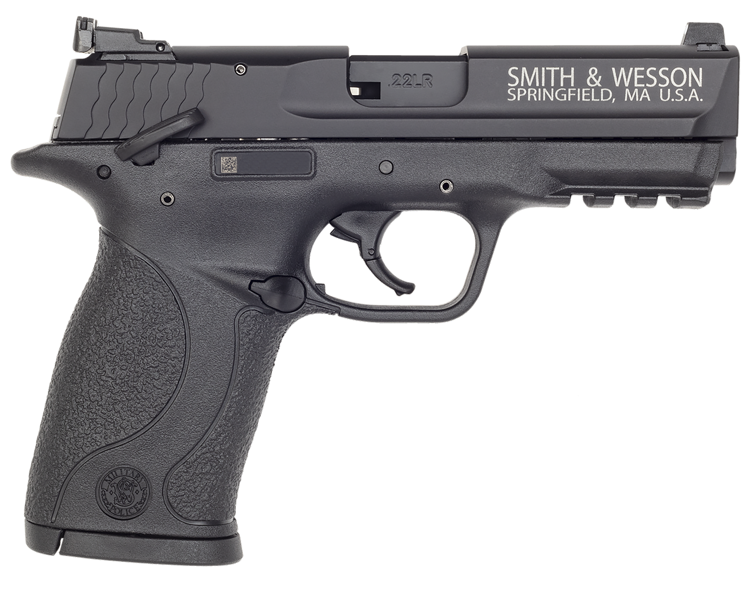Smith & Wesson 108390 M&P 22  Compact Frame 22 LR 10+1, 3.60″ Black Steel Barrel, Black Hard Coat Anodized Serrated Slide, Black Polymer Frame w/Picatinny Rail Frame & Grip, Ambidextrous, Thumb Safety