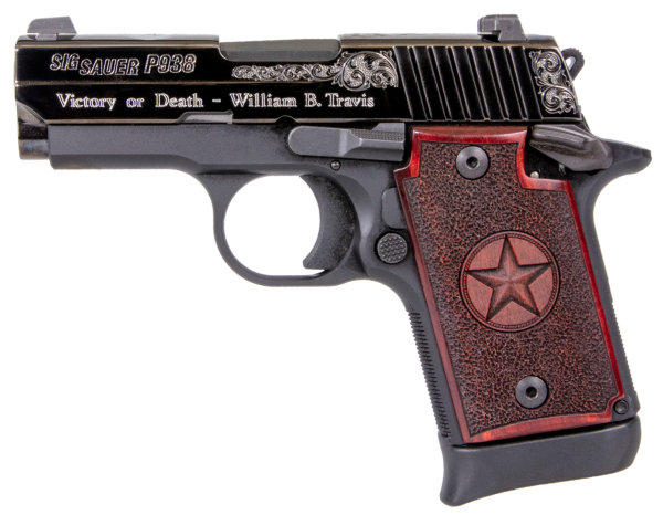 Sig Sauer 9389TXSAMBI P938 Texas Engraved Silver 9mm Luger 3″ 7+1 Black Aluminum Frame Black Nitron Stainless Steel with Silver Accents Slide Redwood Grip Night Sights