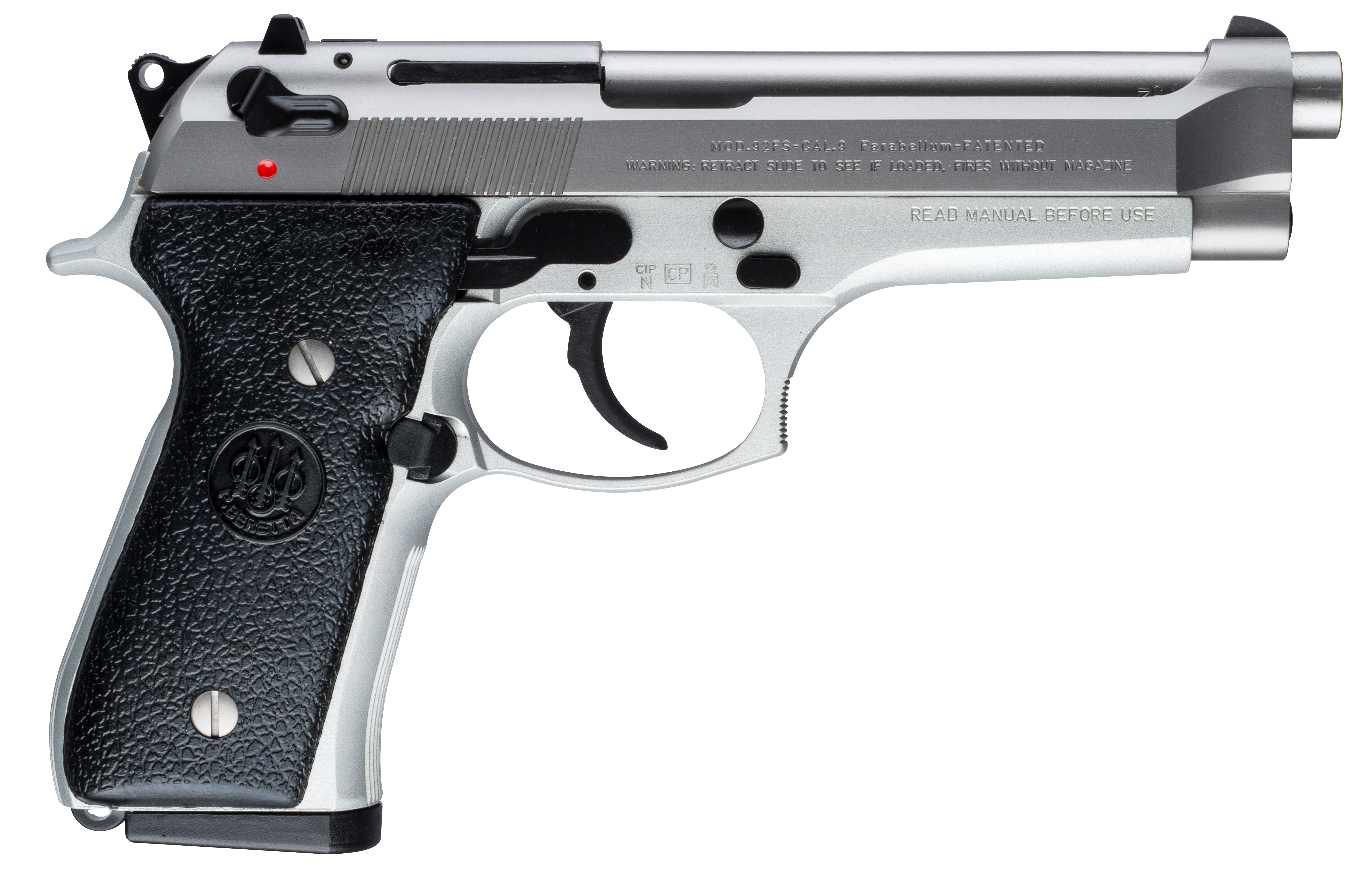 Beretta USA JS92F520M 92FS Inox Full Size 9mm Luger 15+1 4.90″ Satin Stainless Barrel, Serrated Slide & Alloy Frame, Black Stippled Rubber Grips