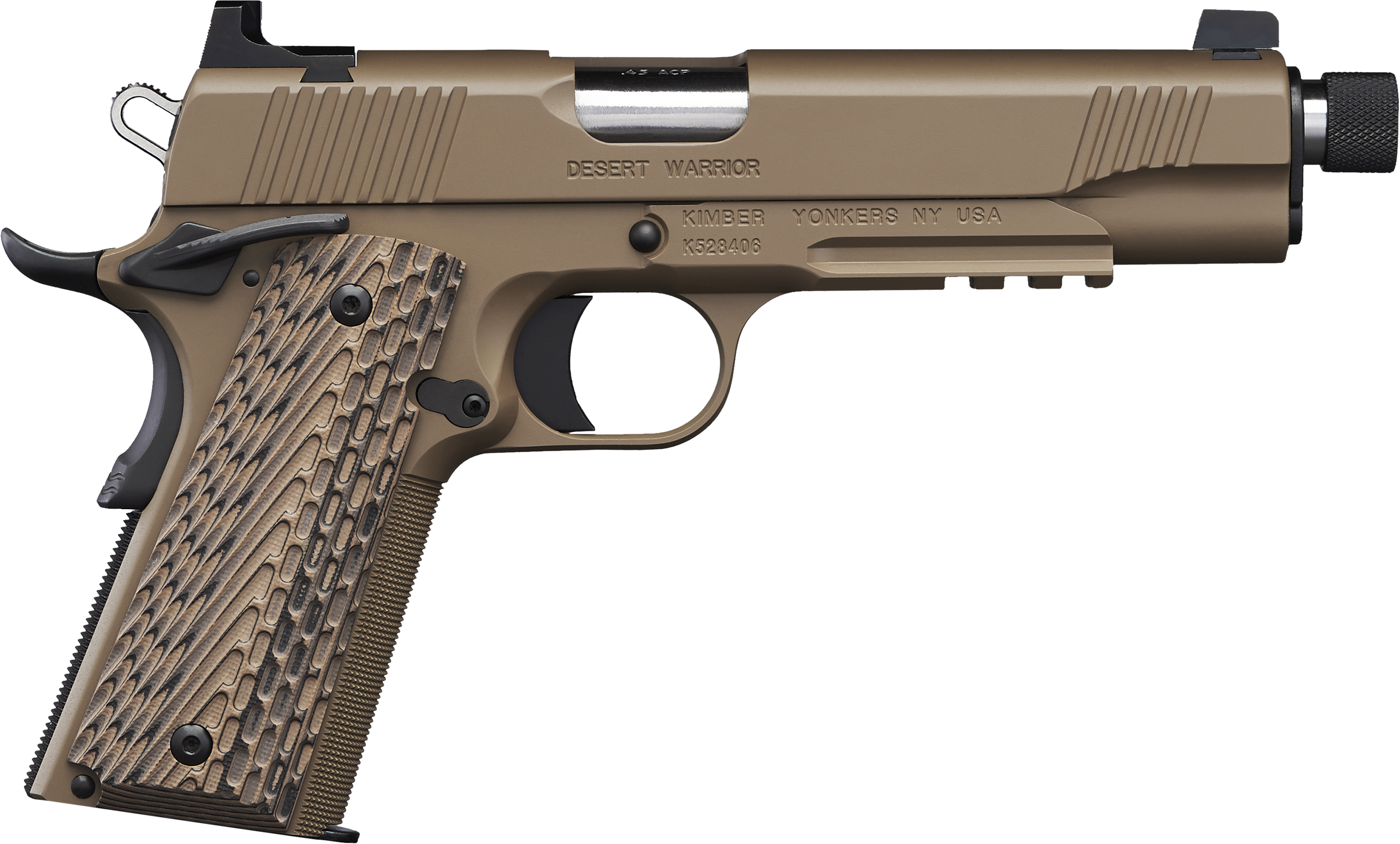 Kimber Mfg.,inc 3000237 Desert Warrior TFS 45 ACP 7+1 5.50″ Front Serrations Steel Slide Desert Tan KimPro II G-10 Grip