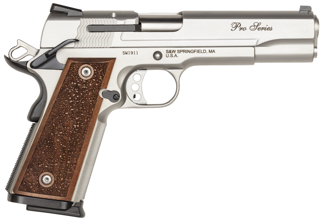 Smith & Wesson 178017 1911 Performance Center Pro  Full Size Frame 9mm Luger 10+1, 5″ Stainless Steel Barrel, Matte Silver Serrated Stainless Steel Slide & Frame w/Beavertail, Wood Grip
