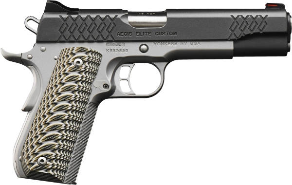 Kimber Mfg, Inc 3000351 Aegis Elite Custom 45 ACP 8+1 5″ Stainless Match Grade Barrel, KimPro II Black Serrated Stainless Steel Slide, Satin Silver Stainless Steel Frame w/Beavertail, G10 Grip