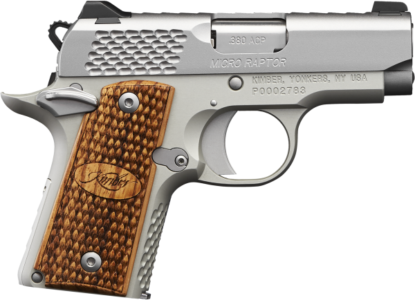 Kimber Mfg, Inc 3300084 Micro Raptor Micro Frame 380 ACP 7+1 2.75″ Stainless Match Grade Barrel, Satin Silver Serrated Stainless Steel Slide, KimPro Silver Aluminum Frame w/Beavertail Zebrawood Grip