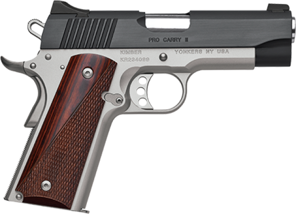 Kimber Mfg, Inc 3200320 Pro Carry II  45 ACP 7+1 4″ Stainless Match Grade Barrel, Matte Black Brushed Serrated Steel Slide, Satin Silver Aluminum Frame w/Beavertail, Rosewood Grip