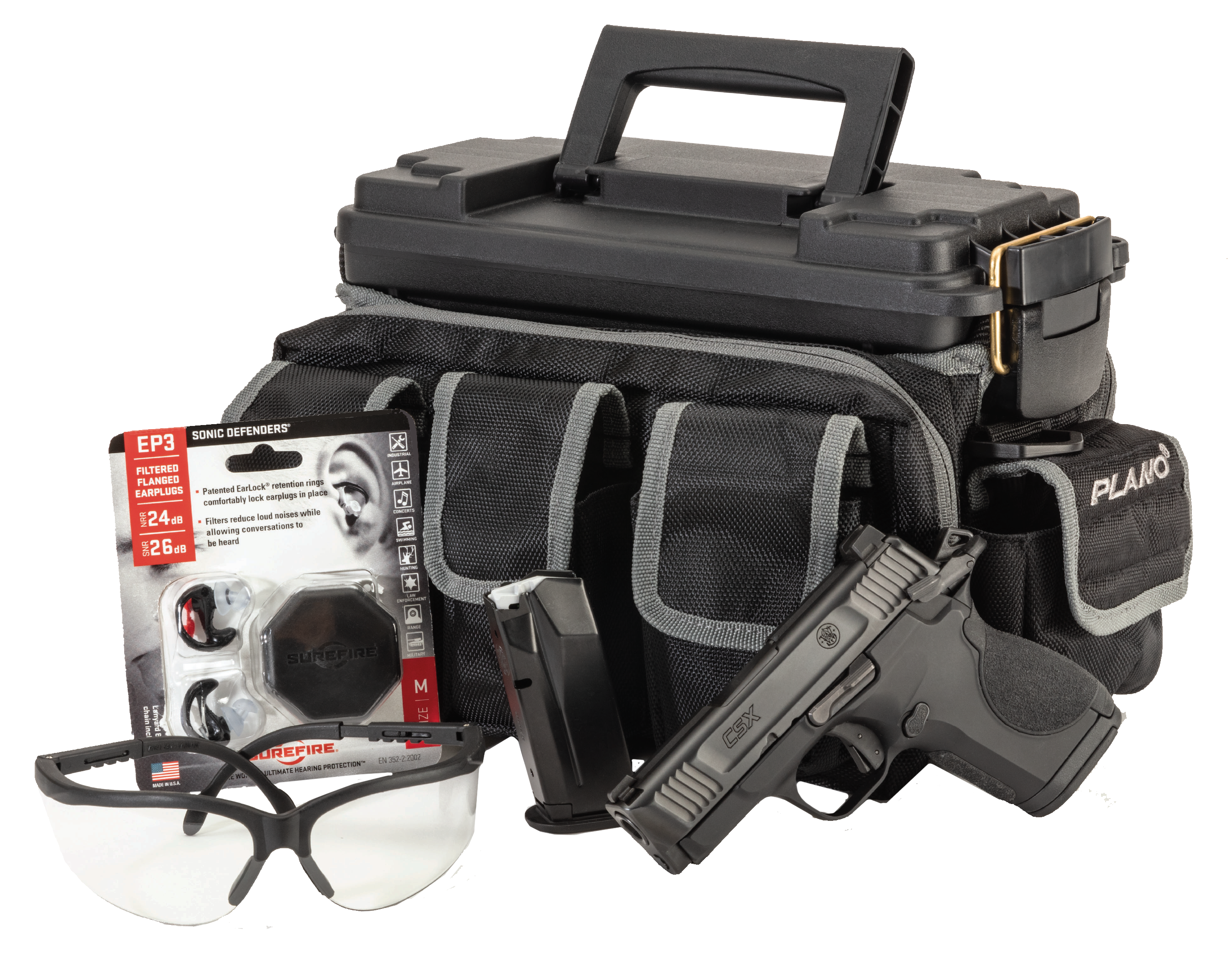 Smith & Wesson 13746 CSX Range Kit 9mm Luger 10+1/12+1 3.10″, Black, Serrated Slide, Aluminum Frame, Interchangeable Backstrap Grips, Ambi Controls, Includes Surefire Ear Pro & Plano Range Bag