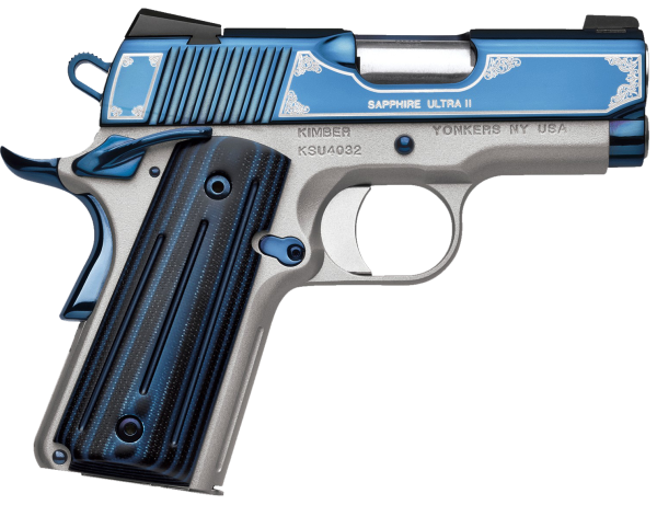 Kimber Mfg, Inc 3200273 Ultra II  9mm Luger 8+1 3″ Stainless Match Grade Barrel, Engraved Sapphire Blue PVD Serrated Stainless Steel Slide, Satin Silver Aluminum Frame w/Beavertail, G10 Grip