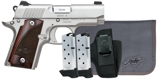 Kimber Mfg, Inc 3300250 Micro 9 RTC Bundle Micro Frame 9mm 7+1 3.15″ Stainless Match Grade Barrel, Kimpro II Silver Serrated Slide, Kimpro II Silver Aluminum Frame w/Beavertail, Rosewood Grip