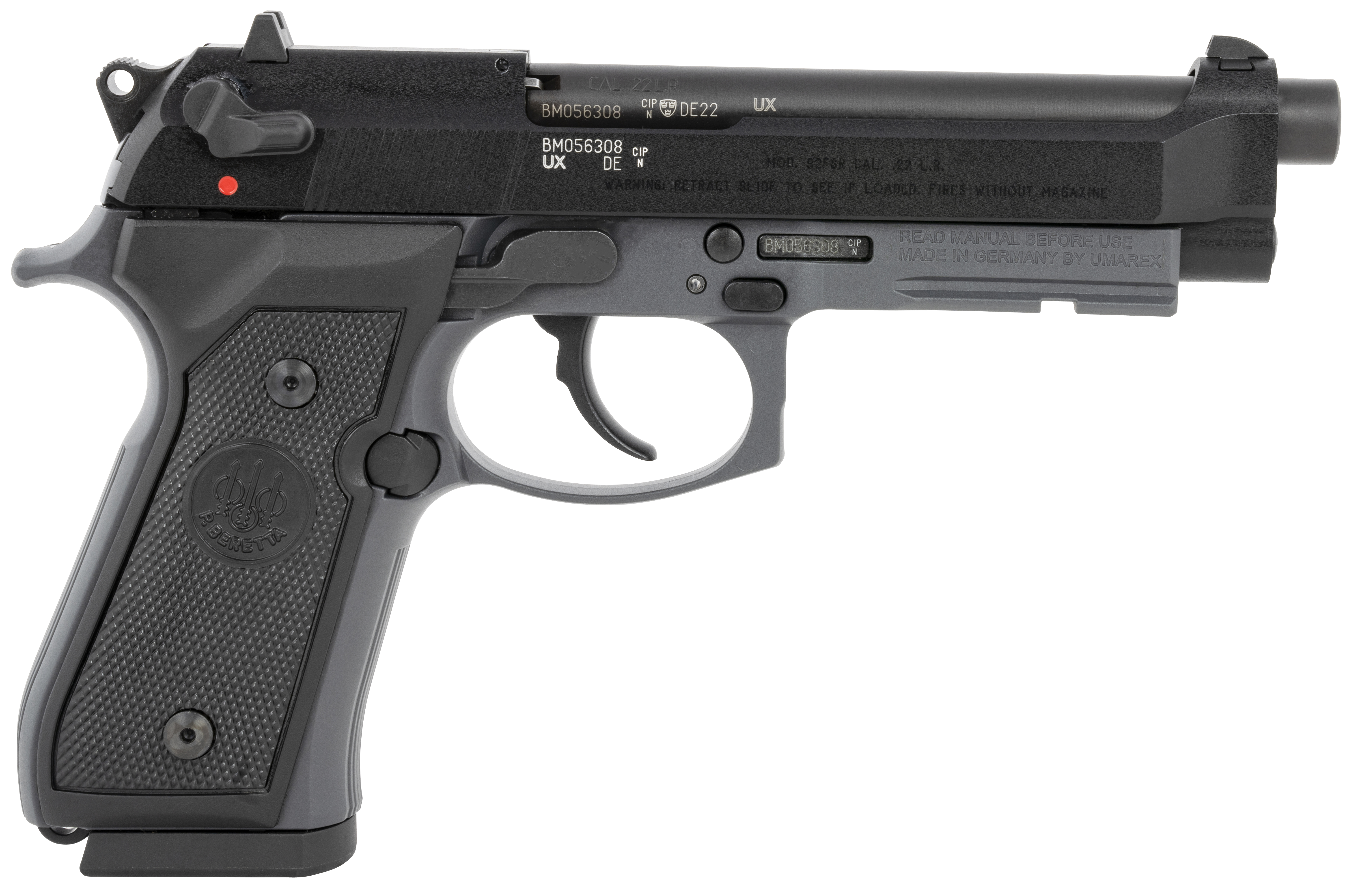 Beretta USA J90A192FSR59 92FSR  Full Size Frame 22 LR 15+1 5.30″ Black Steel Barrel, Black Bruniton Serrated Slide, Sniper Gray Aluminum Frame w/Beavertail & Picatinny Rail, Ambidextrous