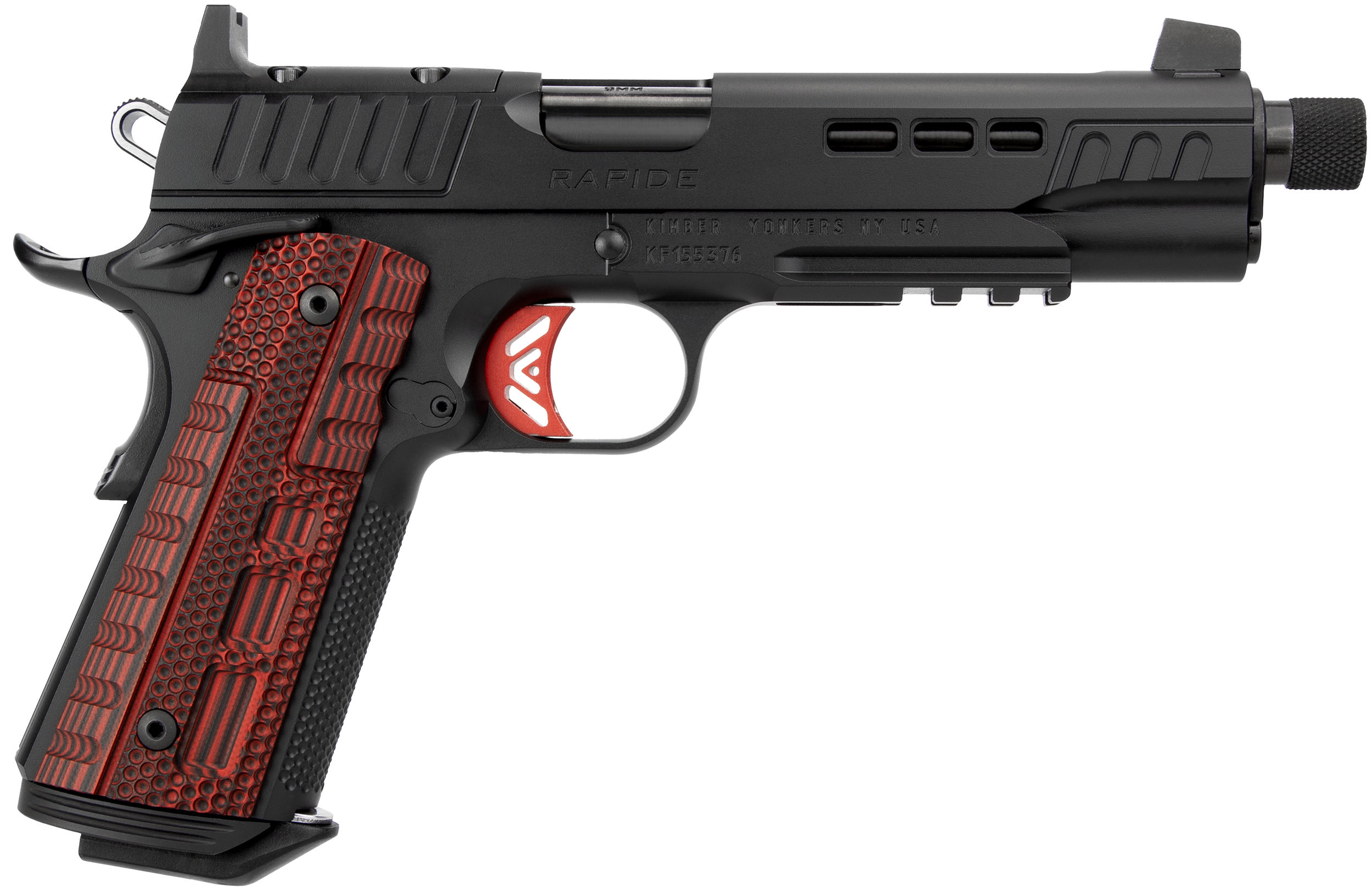 Kimber Mfg.,inc 3000438 Rapide Heat 45 ACP 8+1 5.50″ Black DLC Threaded Barrel, KimPro II Black Lightening Cut/Optic Ready/Serrated Steel Slide, Kimpro II Black Steel Frame w/Beavertail, Red G10 Grip