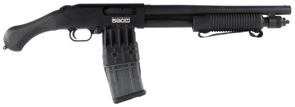 Mossberg 50208 590M Shockwave 12 Gauge 10+1 Mag-Fed 2.75″ 15″ Heavy Barrel, Blued Metal Finish, Drilled & Tapped Receiver, Corncob Forend w/Strap, Raptor Birdshead Grip Stock