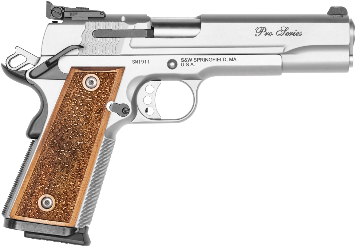 Smith & Wesson 178047 1911 Performance Center Pro  Full Size Frame 9mm Luger 10+1 5″ Stainless Steel Barrel, Matte Silver Serrated Stainless Steel Slide & Frame w/Beavertail, Wood Grip