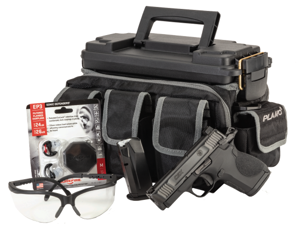 Smith & Wesson 13746 CSX Range Kit 9mm Luger 10+1/12+1 3.10″, Black, Serrated Slide, Aluminum Frame, Interchangeable Backstrap Grips, Ambi Controls, Includes Surefire Ear Pro & Plano Range Bag