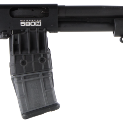 Mossberg 50208 590M Shockwave 12 Gauge 10+1 Mag-Fed 2.75″ 15″ Heavy Barrel, Blued Metal Finish, Drilled & Tapped Receiver, Corncob Forend w/Strap, Raptor Birdshead Grip Stock