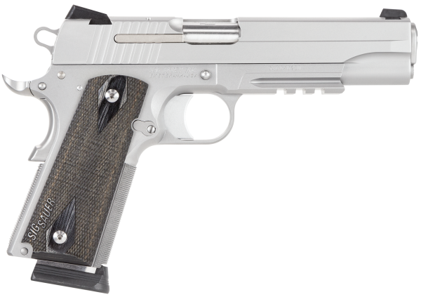 Sig Sauer 1911R45SSSCA 1911 Full Size *CA Compliant 45 ACP Caliber with 5″ Barrel, 8+1 Capacity, Overall Stainless Steel Finish, Picatinny Rail/Beavertail Frame, Serrated Slide & Blackwood Grip