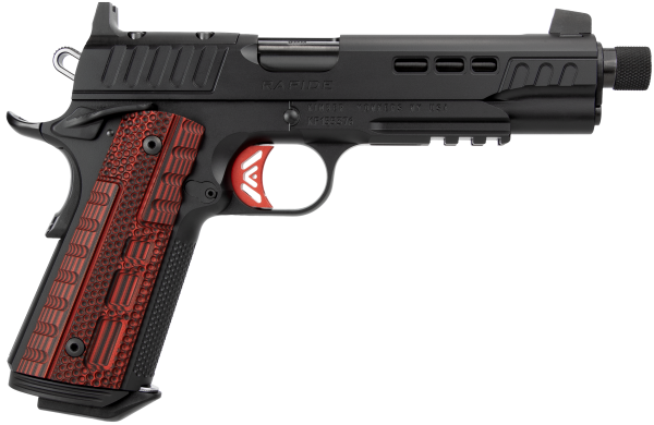 Kimber Mfg.,inc 3000438 Rapide Heat 45 ACP 8+1 5.50″ Black DLC Threaded Barrel, KimPro II Black Lightening Cut/Optic Ready/Serrated Steel Slide, Kimpro II Black Steel Frame w/Beavertail, Red G10 Grip