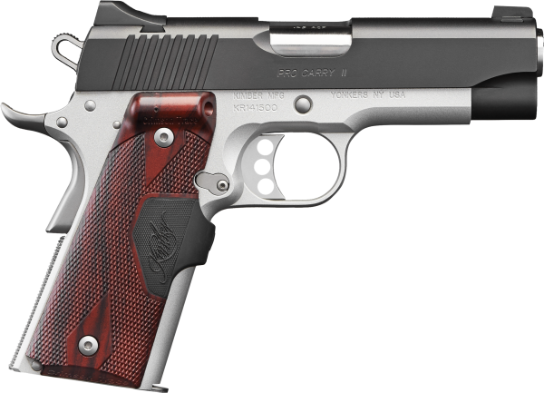 Kimber Mfg, Inc 3200333 Pro Carry II  9mm Luger 9+1 4″ Stainless Match Grade Barrel, Matte Black Brushed Serrated Steel Slide, Satin Silver Aluminum Frame w/Beavertail, Rosewood Grip
