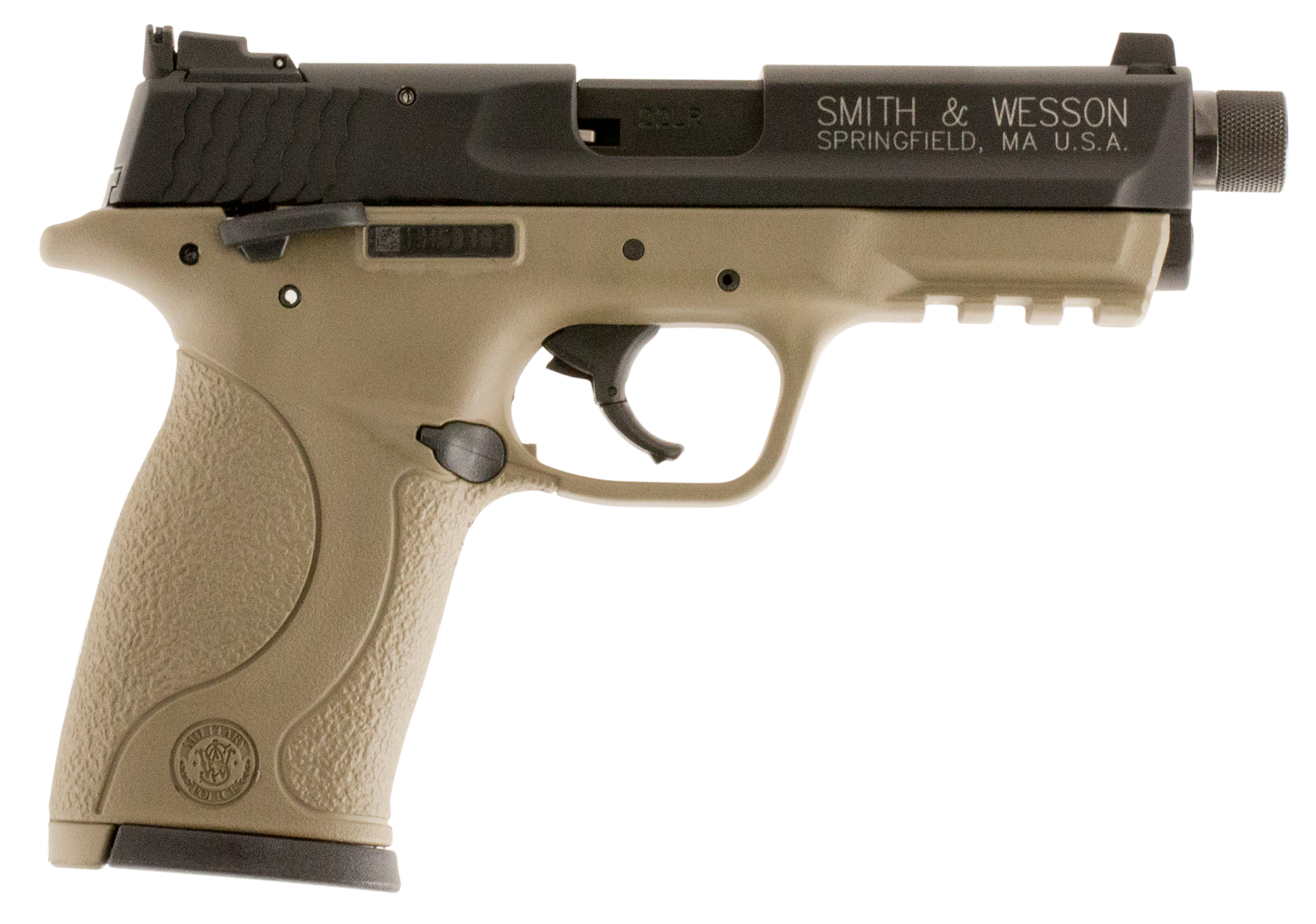 Smith & Wesson 10242 M&P  Compact Frame 22 LR 10+1 3.60″ Black Steel Threaded Barrel & Serrated Slide, Flat Dark Earth Cerakote Polymer Frame w/Picatinny Rail, Ambidextrous