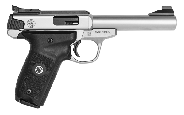 Smith & Wesson 11536 SW Victory Target *MA Compliant 22 LR  5.50″ Bull Barrel 10+1,   Stainless Steel Barrel, Slide, &  Frame, Black Polymer Grip with Integrated Target Thumb Rest, Manual Safety