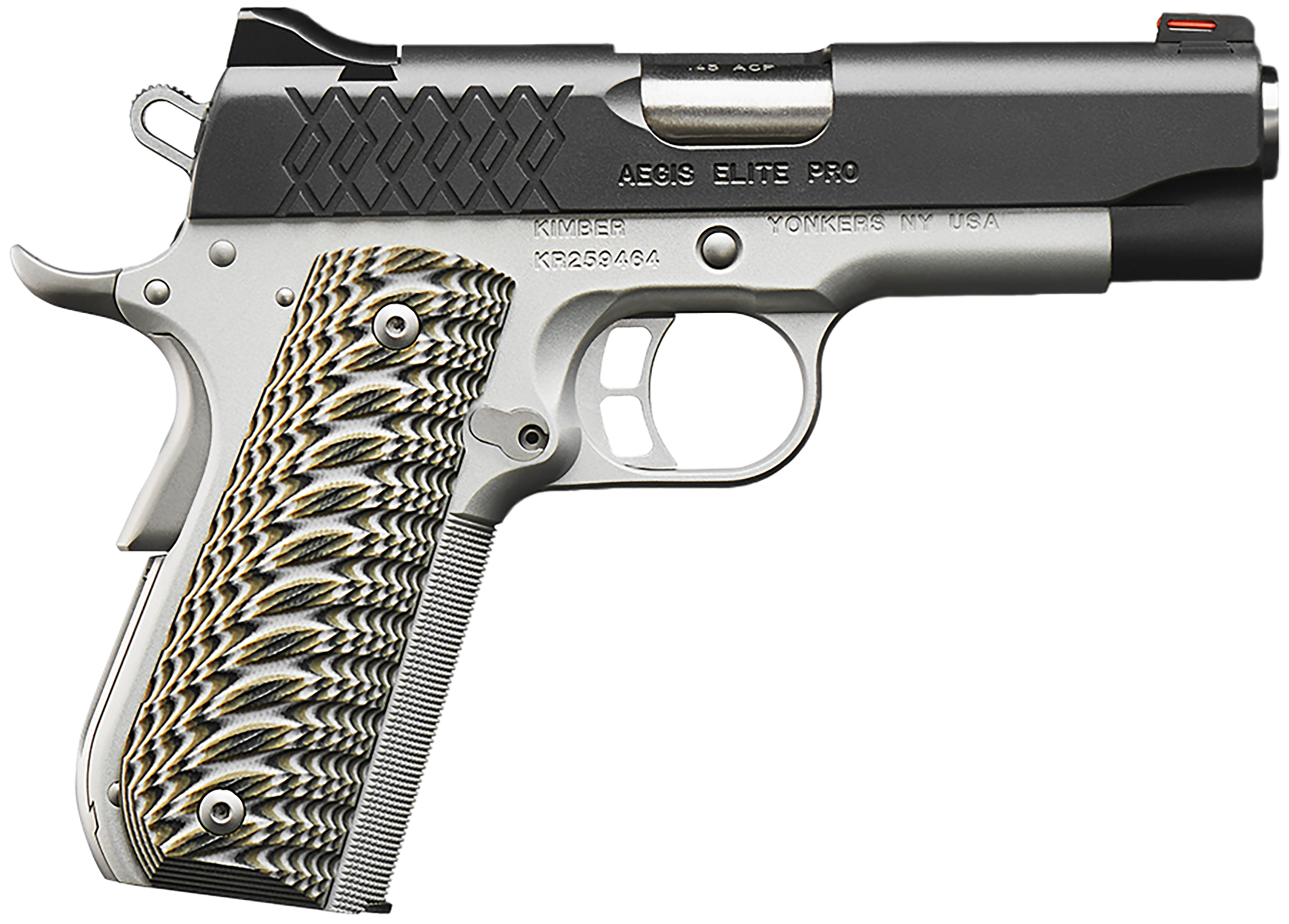Kimber Mfg, Inc 3000349 Aegis Elite Pro 45 ACP 8+1 4″ Stainless Match Grade Barrel, KimPro II Serrated Stainless Steel Slide, Satin Silver Stainless Steel Frame w/Beavertail, G10 Grip