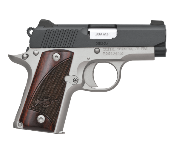 Kimber Mfg.,inc 3300206 Micro Two-Tone NS 380 ACP 7+1 2.75″ Matte Black  Stainless Steel Slide Brush Polished Checkered Rosewood Grip